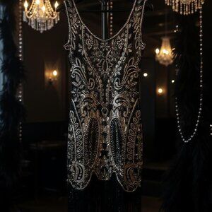 Roaring 20's Black | Gold Sequin | Fringed Dress